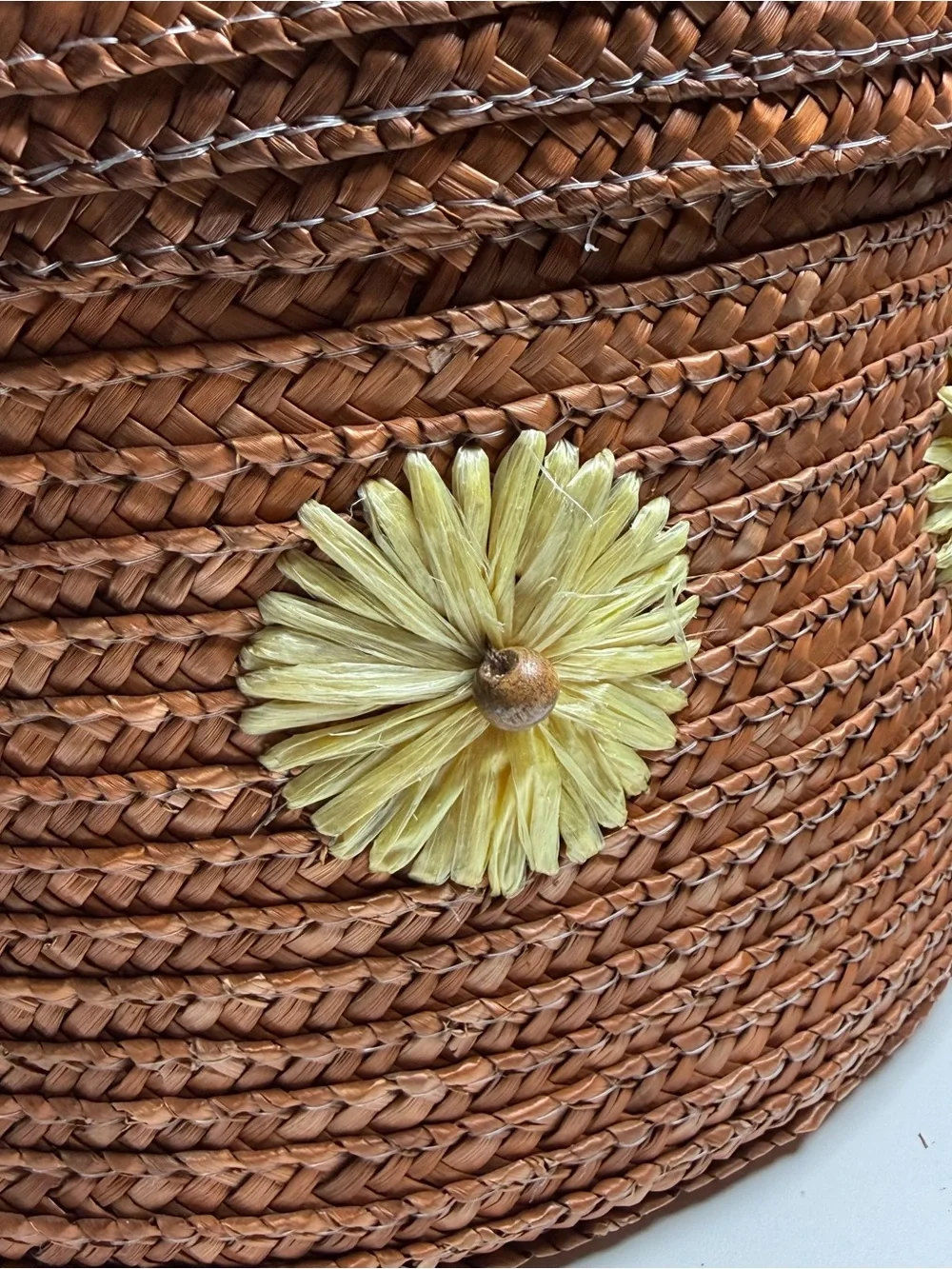 Woven Brown Storage Basket with Yellow Floral Accents